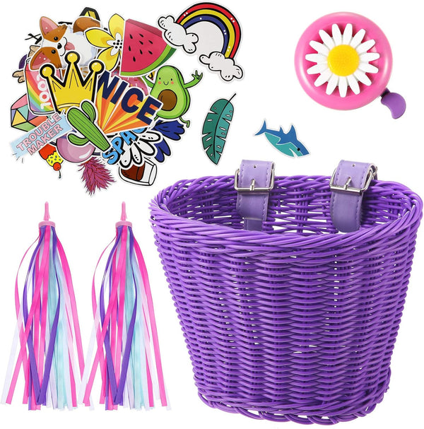 Kid's Bicycle Basket Streamers Set, Wicker Handlebar Basket with Colorful Streamers, Bell, Stickers