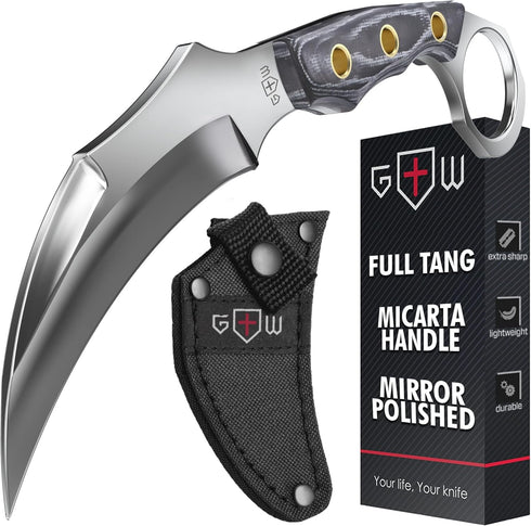 Tactical Karambit Knife with Sheath, Micarta Handle, Fixed 440C Steel Blade for Camping & Survival EDC