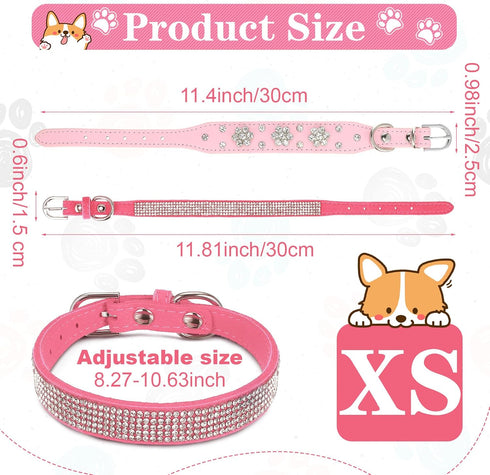 2 Pieces PU Leather Dog Collar Pink Rhinestone Pet Collar Flower Pattern Studded Dog Collar Adjustable Bling Puppy Collar PU Leather Crystal Pet Collars for Dogs (XS: 8.2-10.6 Inch)