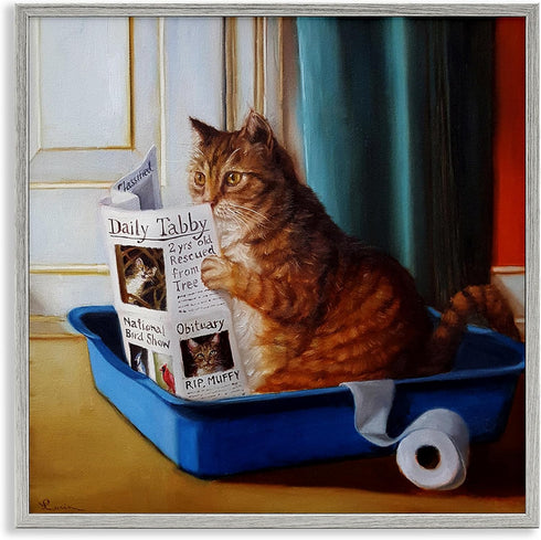 Stupell Industries Litter Box Reading Funny Cat Pet Painting, Design by Lucia Heffernan, Gray Framed Wall Art, 24 x 24