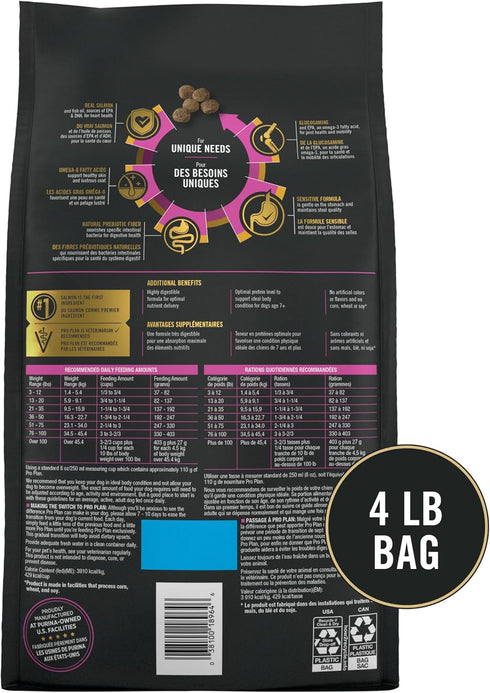 Purina Pro Plan Sensitive Skin & Stomach Dog Food, Dry Food for SENIOR Dogs, Adult 7+ Salmon & Rice Formula, 4 lb. Bag