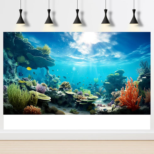 Ocean Floor Fish Tank Background - 48x18in Underwater Coral Reef Decoration with Sunlight