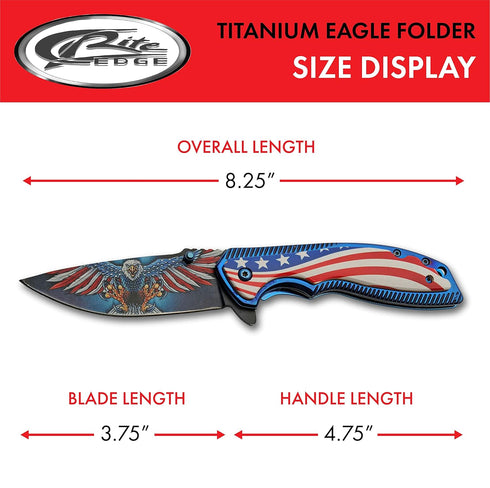 SZCO 8.25” American Eagle Folding Knife, Titanium Finished Handle, Red, White & Blue