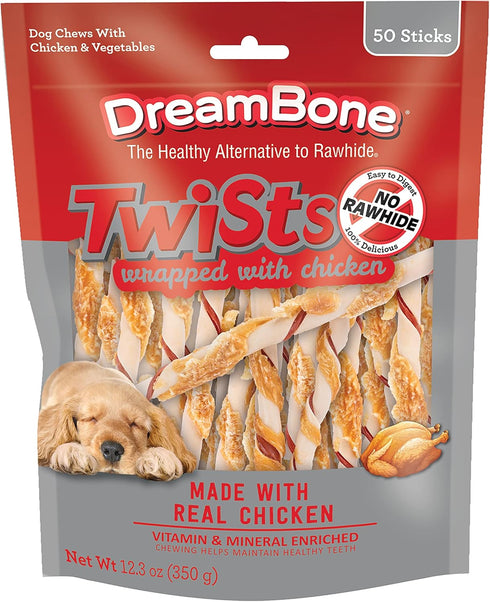 DreamBone Twist Sticks, Wrapped With Real Chicken, Rawhide-Free Chews For Dogs, 50