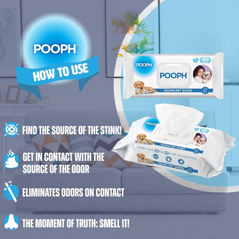 POOPH Pet Wipes for Puppy & Dog Grooming, 100 Count Pack - On-the-Go Odor Control for Paws, Butt, Ear, Face, and Fur