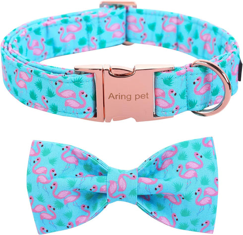 ARING PET Flamingo Dog Collar - Cotton Adjustable Summer Bowtie Collar with Metal Buckle