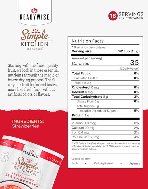 18 READYWISE - Simple Kitchen Freeze Dried Strawberries, Servings, Vegan, Gluten Free, Healthy Snack, Survival Food