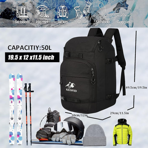 KEOFID Ski Boot Bag for Men and Women, 50L Ski Travel Backpack and Snowboard Bag