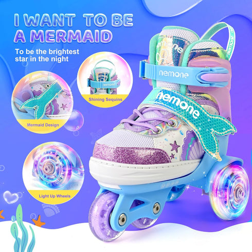 4 NEMONE Mermaid Size Adjustable Light up Roller Skates for Girls, Purple Blue Skates for Toddlers, Beginner Kids