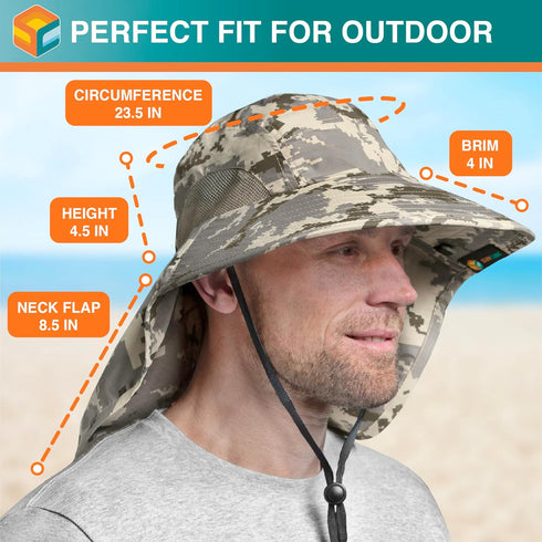 SUN CUBE Wide Brim Sun Hat with Neck Flap, UPF50+ Hiking Safari Fishing Hat for Men Women