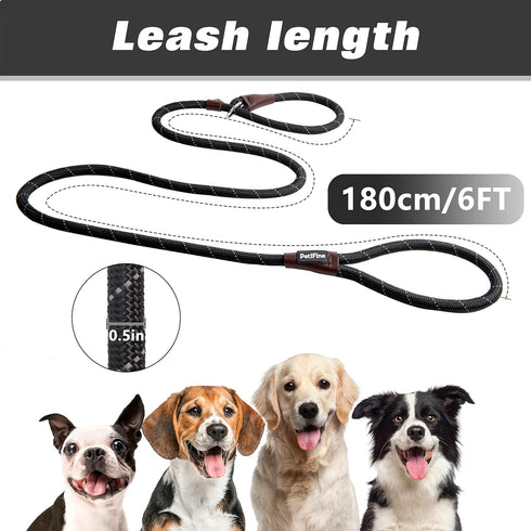 PetiFine Slip Lead Dog Leash - 6FT x 1/2" Reflective Durable Training Leash, Heavy Duty Adjustable Nylon for Small