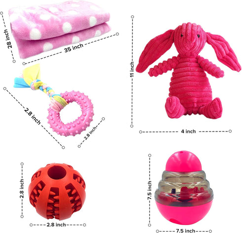 Pink Dog Gift Box - Puppy Care Package with 5 Chew Toys, Dog Blanket, Squeaky Plush, Rubber Teether, and Treat Ball