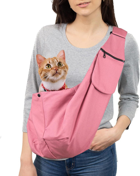 Pet Sling Carrier - Adjustable Shoulder Strap Puppy Tote, Hands-Free Reversible Pet Backpack for Outdoor Travel Pink