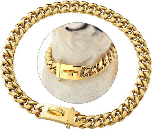 Designer Dog Cuban Link Chain Collar - Gold Chain with Safety Design Buckle 15MM Metal Stainless Steel (22")