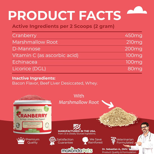 Cranberry Powder for Dogs, Urinary Tract Health, Bladder Support, Bacon Flavor, 100 Scoops