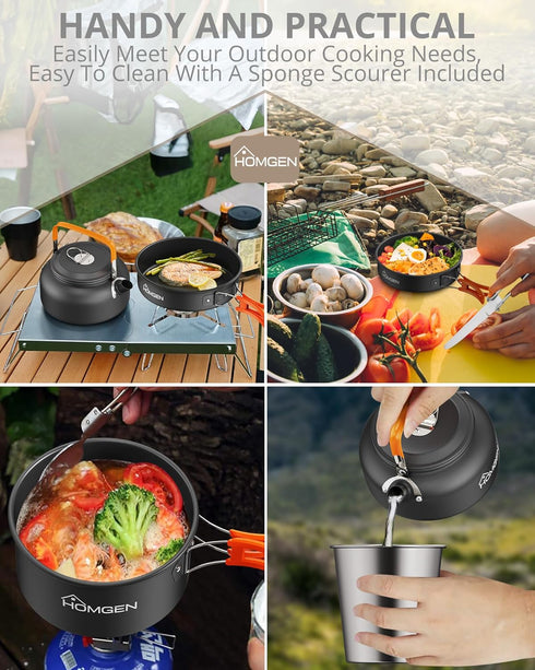 HOMGEN Camping Cooking Set - Lightweight Aluminium Pots and Pans Kit for 2-3 People, Perfect for Camping, Picnic, Hiking