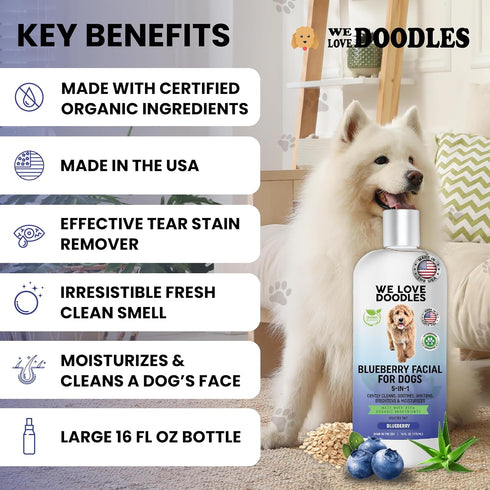 16:1 16 oz Blueberry Facial Dog Shampoo - Dog Tear Stain Remover, Brightens & Whitens Coat, Cleans & Deodorizes