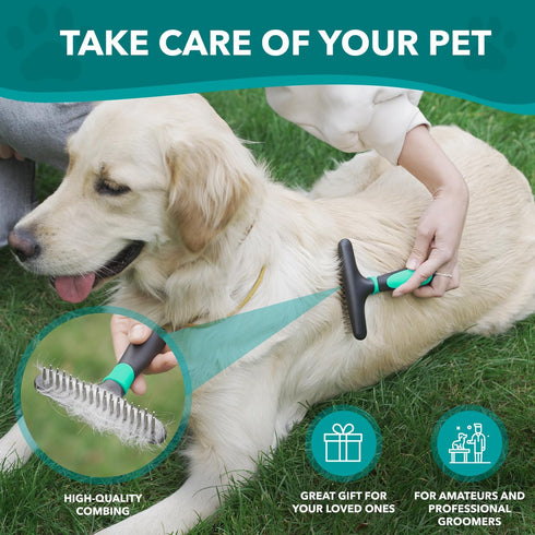 DOGI Deshedding Brush Comb - Undercoat Rake for Dogs & Cats, Double Row Stainless Steel Pins, Reduce Shedding
