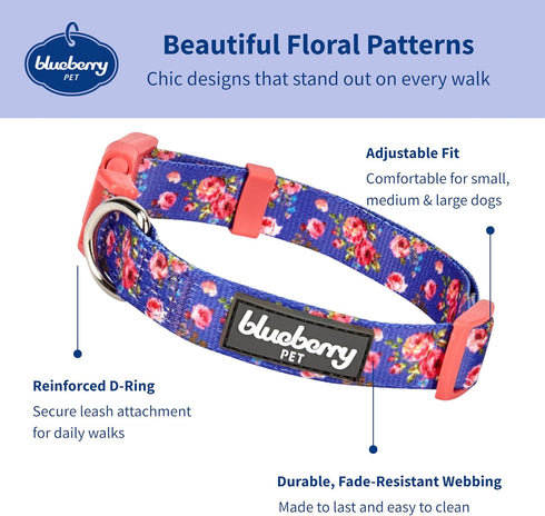 Blueberry Pet Adjustable Dog Collar, Irish Blue Rose Print, X-Small, Neck 8"-11"