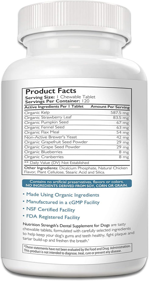 Daily Dental Care Supplement for Dogs with Organic Kelp, Strawberry Leaf, Pumpkin Seed, 120 Chewable Tablets