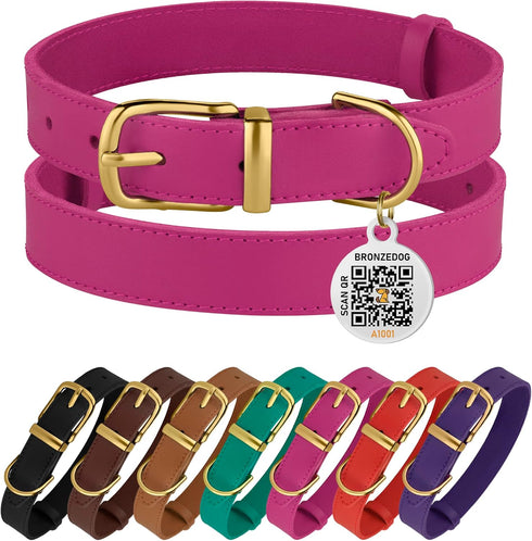 BRONZEDOG Leather Dog Collar with QR ID Tag, Basic Pet Collars for Small Mini Dogs Cats Puppies (7-9 Inch (Pack of 1),