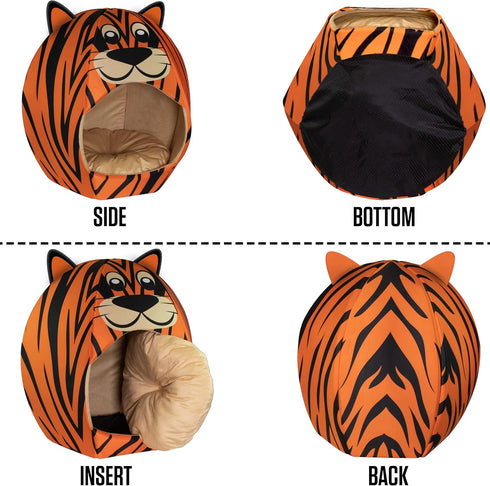 Maccabi Art Tiger Theme Dog Bed, Cute Igloo Style Pet Bed, Fits Small Dogs, Puppies, Cats, Non-Slip Design, 16 x 16 x 18