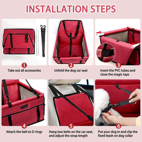 PetsHome Foldable Dog Car Seat, Waterproof Booster Seat for Small to Medium Dogs, Breathable Oxford Travel Bag, Pure Red
