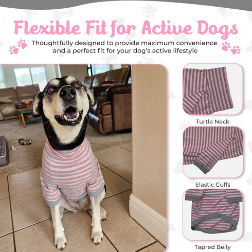 Tooth & Honey Big Dog Stripe Shirt – Pullover with Full Belly Coverage – Pink and Grey Shirt for Extra Large Dogs