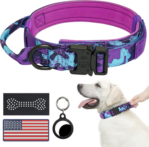 Hotsky Tactical Dog Collar, Adjustable Military Nylon Airtag Collar with Handle and Heavy Duty Metal Buckle for Medium