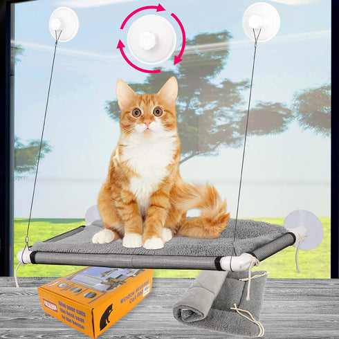 ZALALOVA Cat Window Perch: Large Sturdy Cat Bed with Fleece Blanket and Screw Suction Cups (Grey)