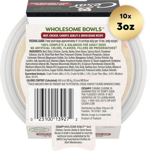 CESAR WHOLESOME BOWLS Adult Soft Wet Dog Food, Beef, Chicken, Carrots, Barley & Green Beans Recipe, (10) 3 oz. Bowls