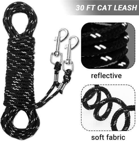 Cat Leash - 15 ft / 30ft Reflective Long Cat Leash Outdoor for Walking Training Playing - Escape Proof Yard Lead Pet Leash Also for Cats, Small Dogs, Puppy, Kitten, Rabbit