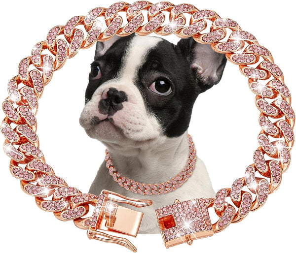 RoseGold Dog Chain Collar, Diamond Cuban Link 13mm Wide Necklace for Small Medium Large Dogs Cats (14inch)