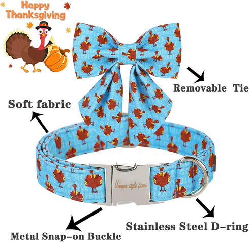 Unique Style Paws Thanksgiving Dog Collar with Bow Tie, Blue Turkey, for Small Medium Large Dogs, Autumn Winter Gifts -