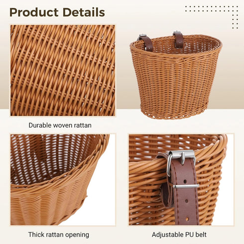 Kid's Bike Basket Front, Bicycle Hanging Basket with Adjustable PU Belts, Weatherproof Rattan Storage