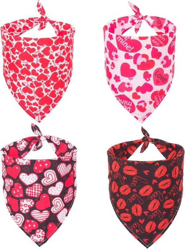 ADOGGYGO 4 Pack Valentine Dog Bandana Triangle Pet Scarf, Red Pink Heart Pattern for Medium Large Dogs (Large)