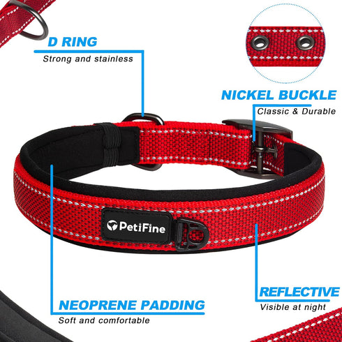 PetiFine Neoprene Padded Dog Collar - Heavy Duty Comfort Collar with Durable Metal Buckle, Reflective for Small Medium