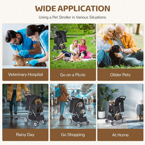 4 ZENY Foldable Pet Stroller, Cat/Dog Stroller with Wheel, Pet Travel Carrier Strolling Cart with Storage Basket, Cup