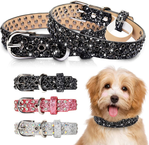 Rhinestone Leather Dog Collar Bling Collars for Small Medium Large Dogs - Adjustable Soft Microfiber Leather (1" Wide,