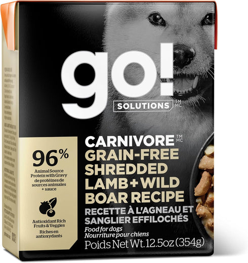 GO! SOLUTIONS Carnivore Protein Rich Wet Dog Food, Grain Free Shredded Lamb and Wild Boar, Complete Nutrition, 12.5 oz