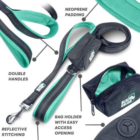 Black Rhino Heavy Duty Dog Leash, 6 ft Long, Double Handle, Padded Traffic Control, Reflective, Aqua