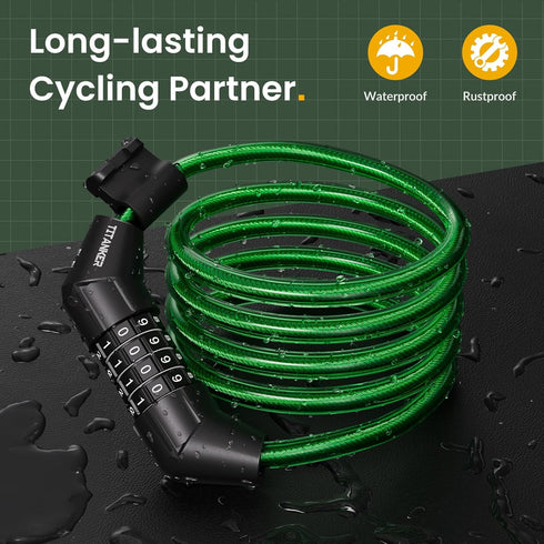 Titanker Bike Lock Cable, 4 Feet Basic Self Coiling Kids Bike Lock, Combination with Mounting Bracket (Green-8mm)