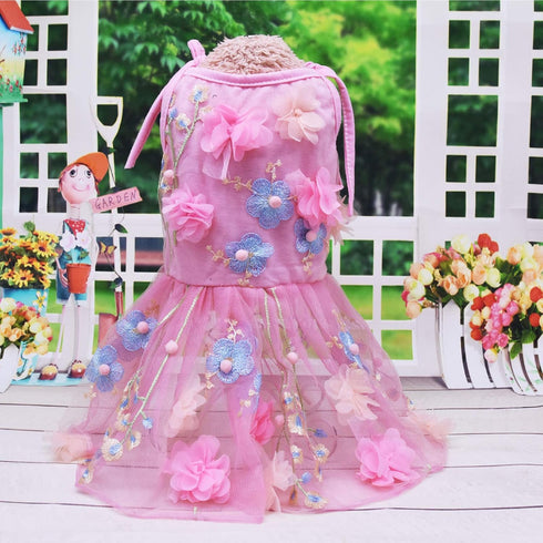 SEIS Flower Lace Dog Dress, Cat Princess Suspender Costume, Puppy Tutu Floral & Bow Clothes for Small Medium Dogs