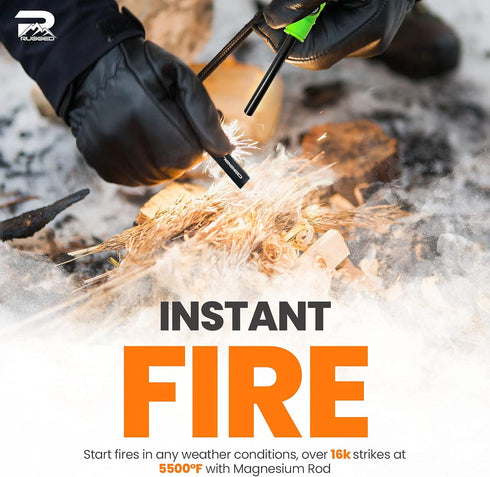 Rainier Rugged 5-in-1 Glow-in-The-Dark Fire Starter Kit - Compact Portable Hiking, Camping, Trekking, Emergency