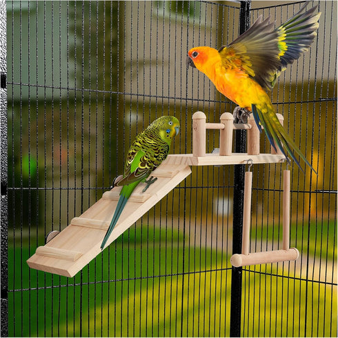 Bird Perches Platform Swing with Climbing Ladder, Sturdy Wooden Playing Gyms for Small Birds