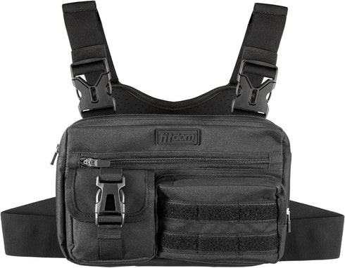 Fitdom Tactical Inspired Sports Utility Chest Pack - EDC Rig Pouch Vest with Built-In Phone Holder for Workouts