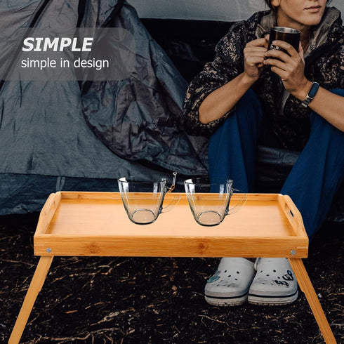 Happyyami Small Folding Table Portable Wood Bed Desk Adjustable Wear-Resistant Camping Side Table for Outdoor Hiking