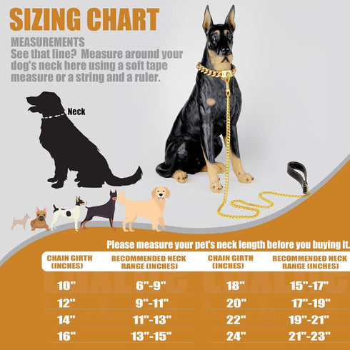 Gold Chain Dog Collar - 15mm Cuban Link with Secure Snap Buckle, 18K Gold Plated Stainless Steel, Includes Dog Tag &