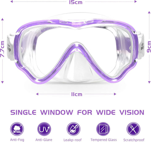 Seago Kids Swim Goggles Snorkel Diving Mask for Youth (5-15), Anti-Fog 180° Clear View