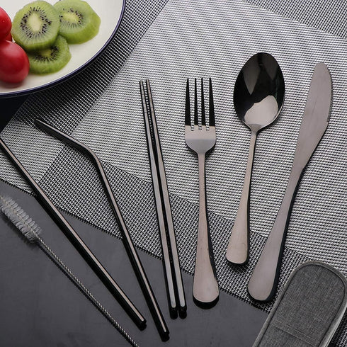 Travel Utensils Set with Case Reusable Portable Cutlery Set Stainless Steel 8pcs Including Dinner Knife Fork Spoon Chopsticks straws(Black) by OASMU